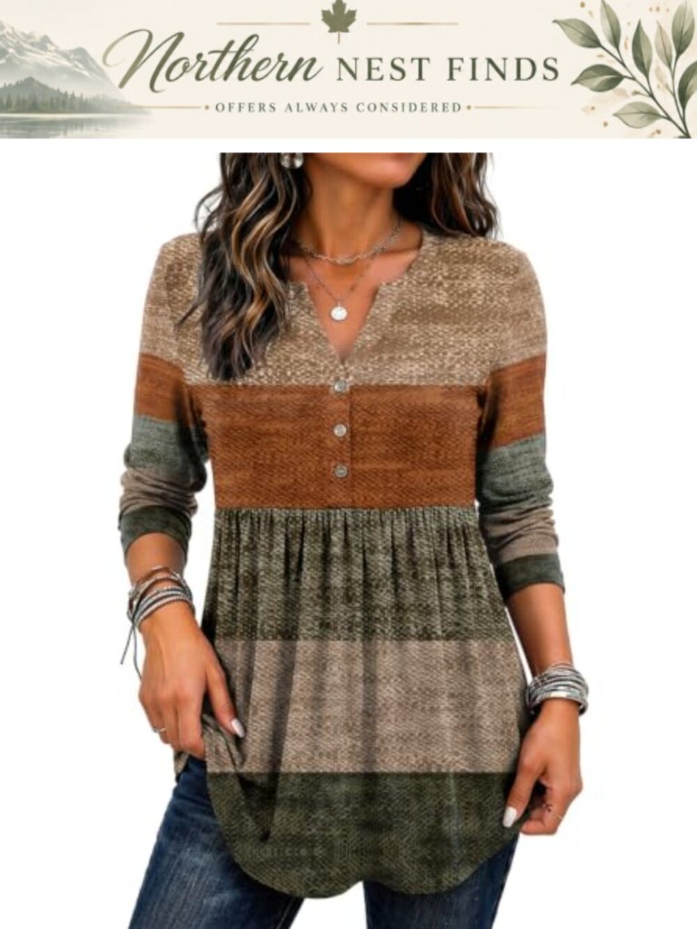 Women's Long Sleeve Pleated Henley Tunic Top Polyester Spandex Boho Fall Blouse